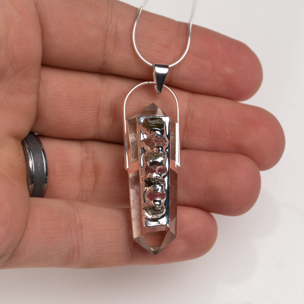 Clear Quartz Crystal Pendant with 7 Chakra Stone Sterling Silver