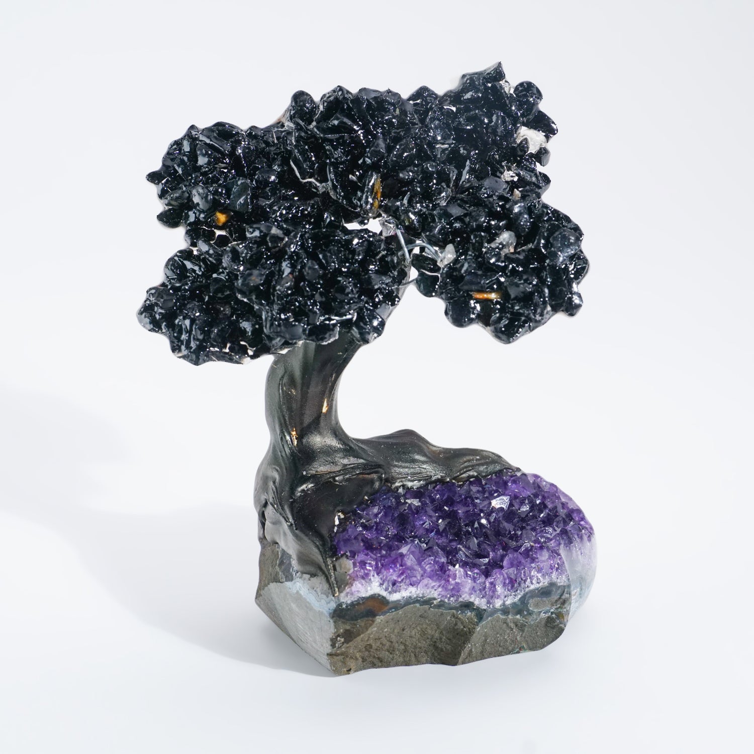 Medium Black Tourmaline Clustered Gemstone Tree on Amethyst Matrix (The Cleansing Tree)