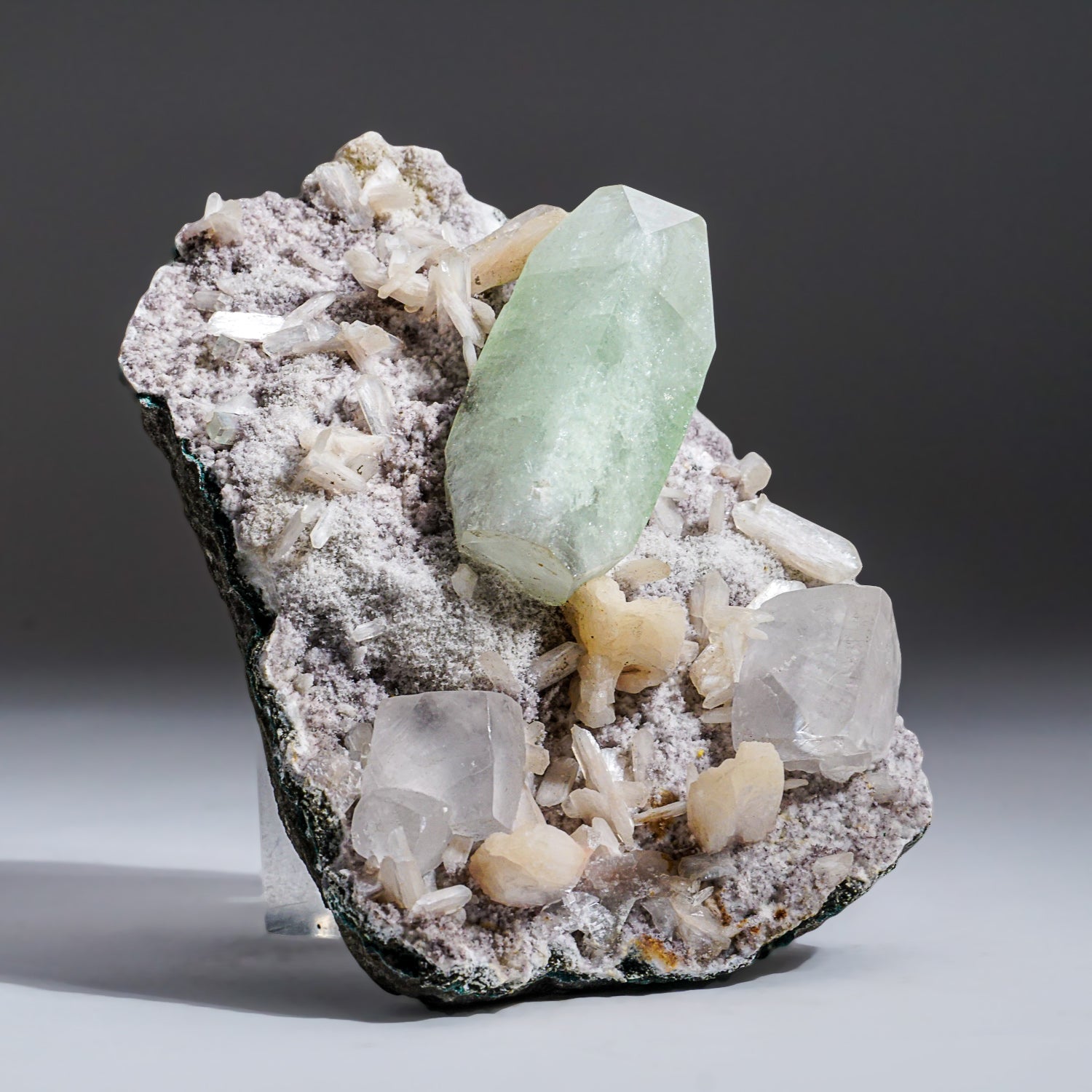 Green Apophyllite with Gem Calcite and Stilbite from Pune District, Maharashtra, India