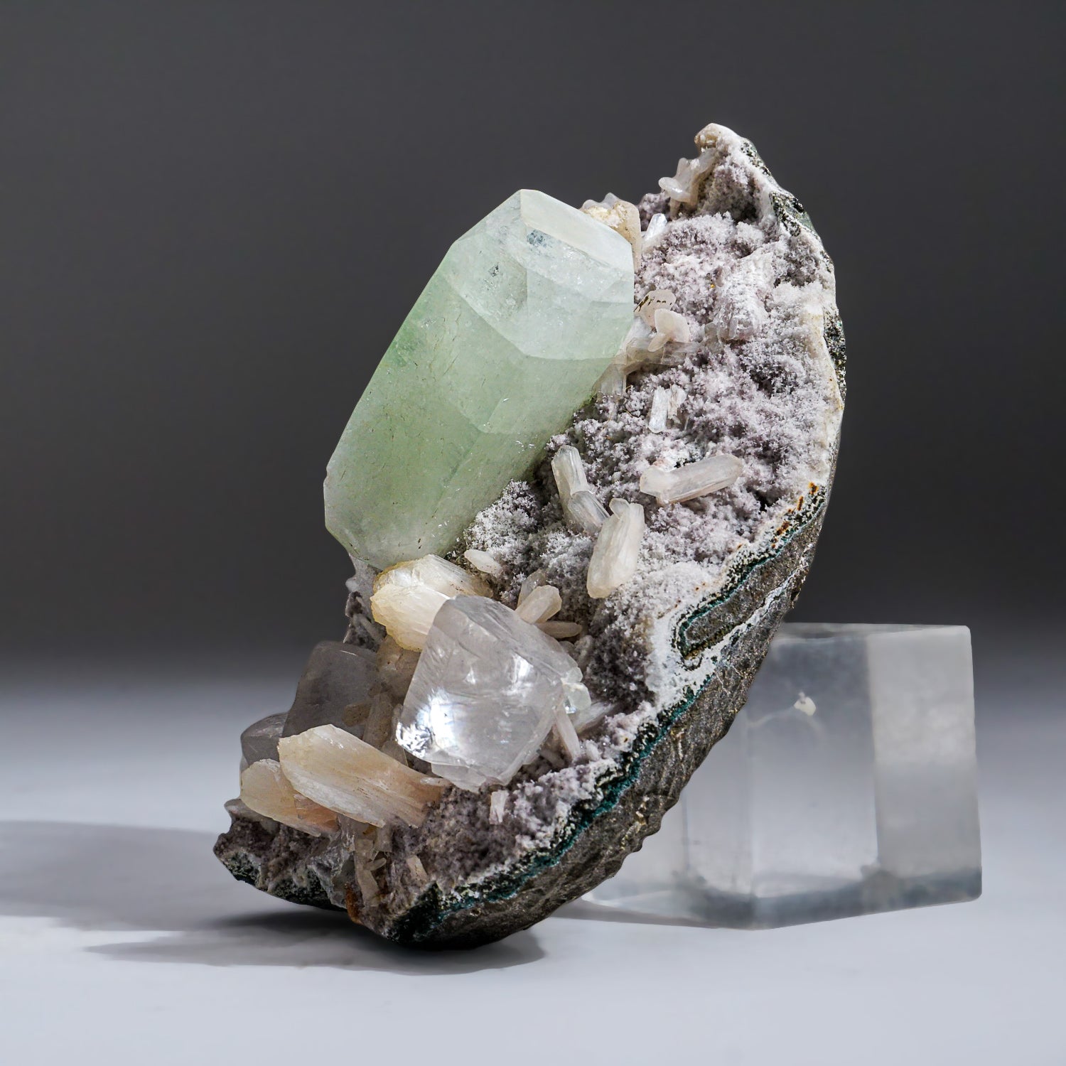 Green Apophyllite with Gem Calcite and Stilbite from Pune District, Maharashtra, India