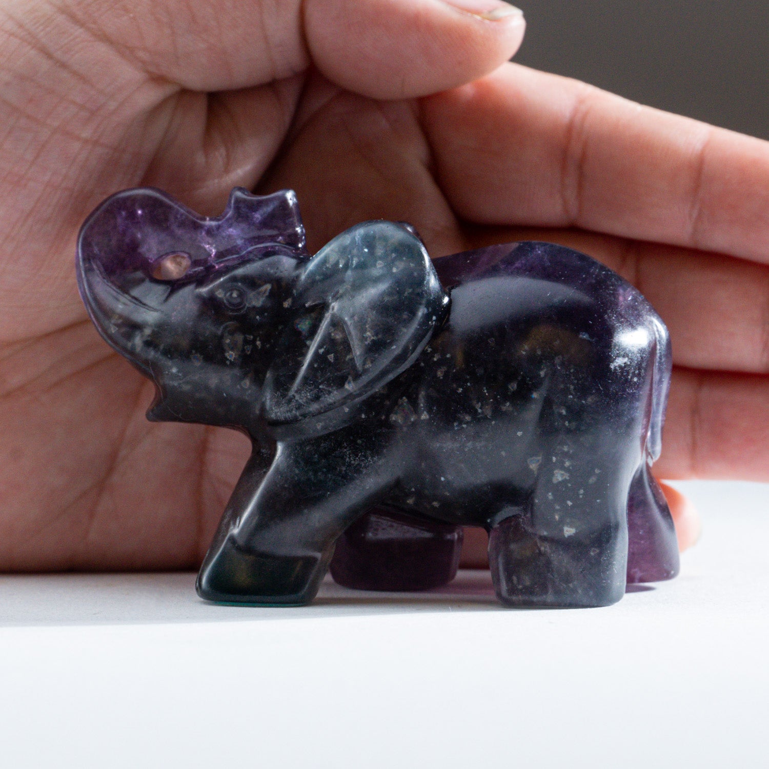 Genuine Purple Rainbow Fluorite Elephant Carving (193.9 grams)