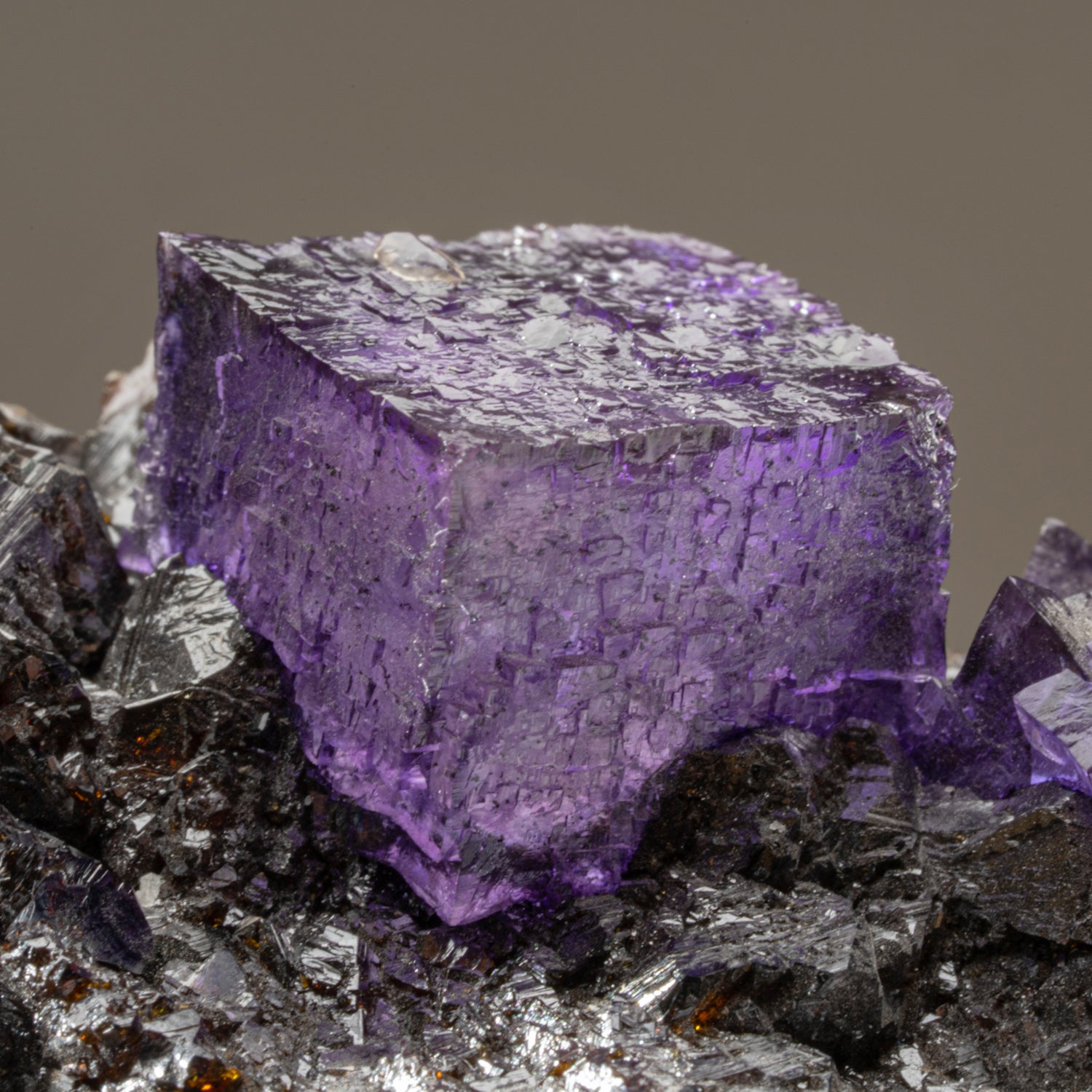 Purple Fluorite with Sphalerite on Barite from Elmwood Mine, Carthage. Smith County, Tennessee