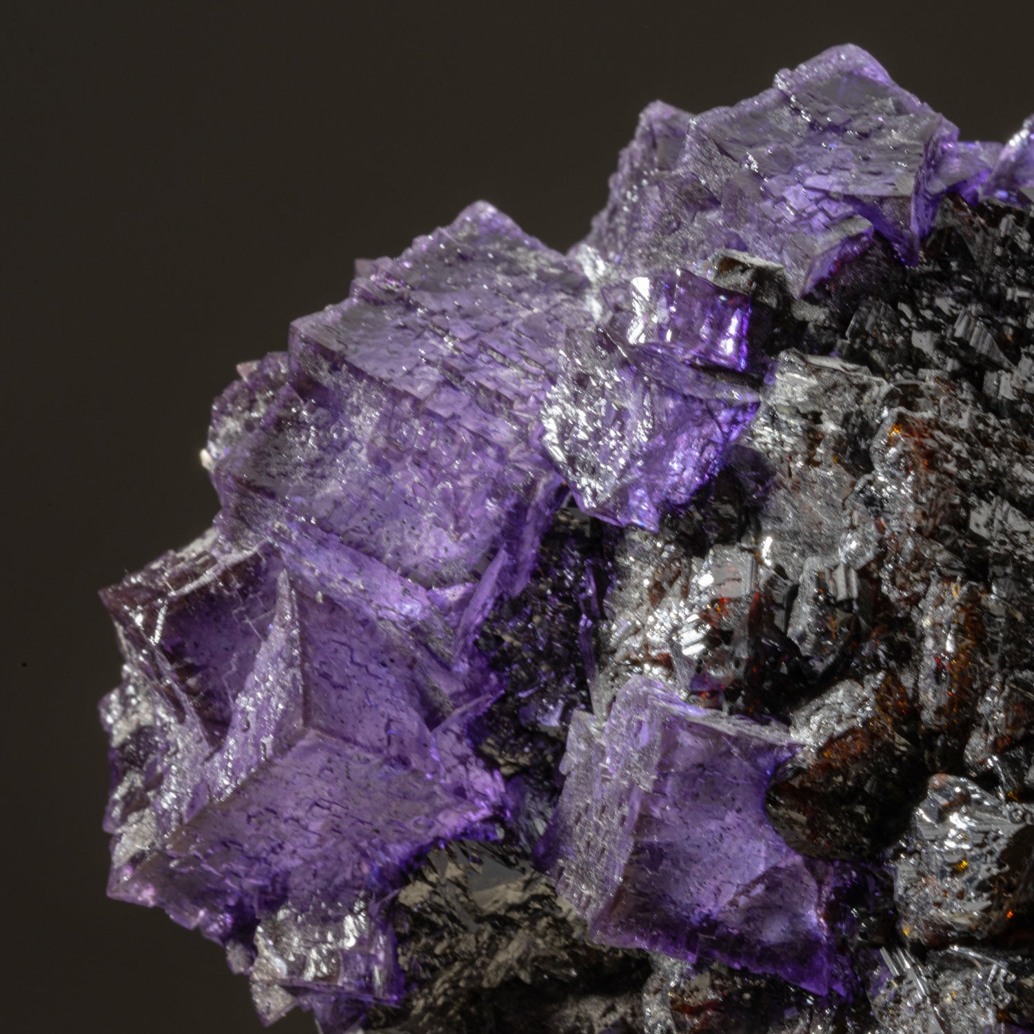 Purple Fluorite with Sphalerite on Barite from Elmwood Mine, Carthage. Smith County, Tennessee
