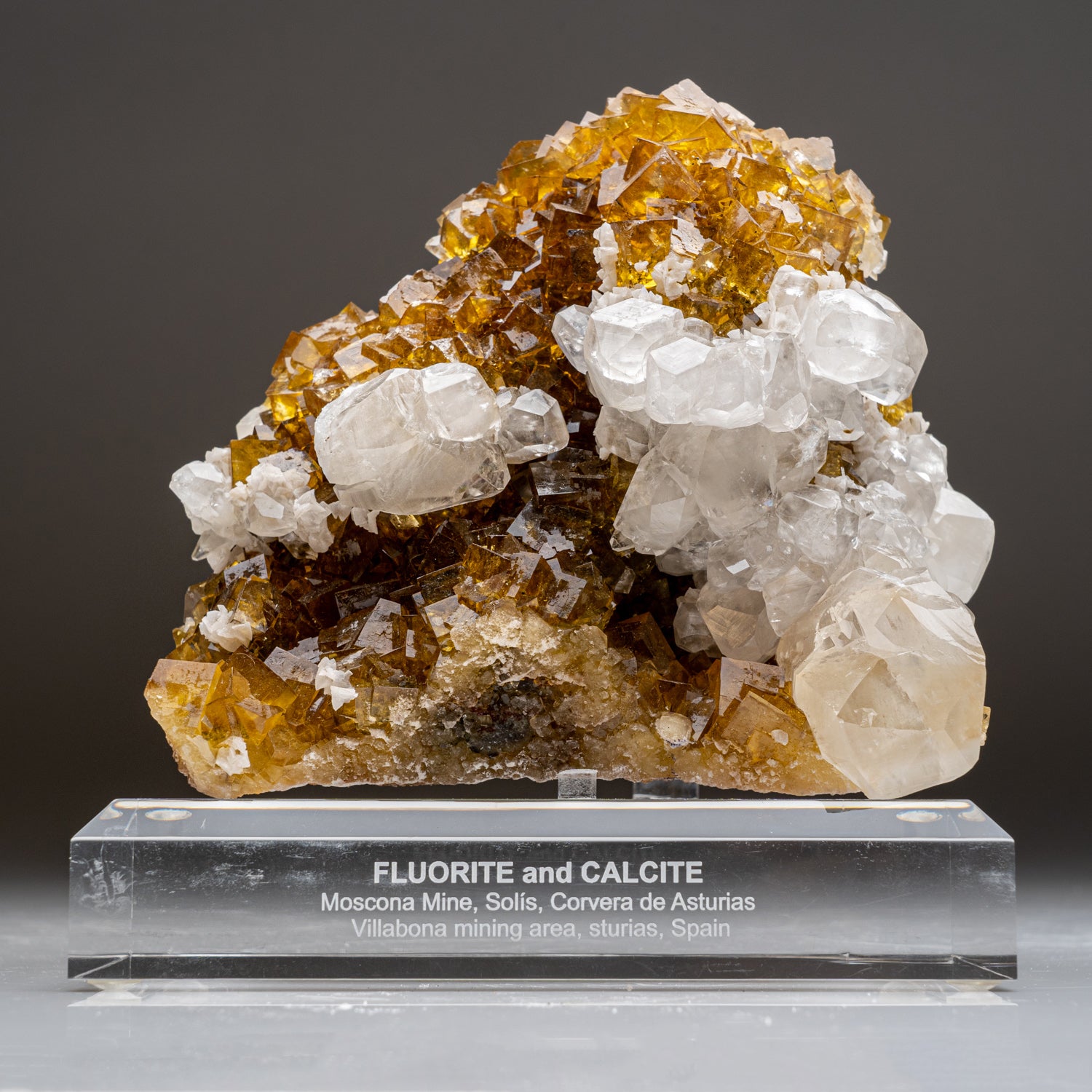 Calcite on Yellow Fluorite from Moscona Mine,Solis, Asturias, Spain