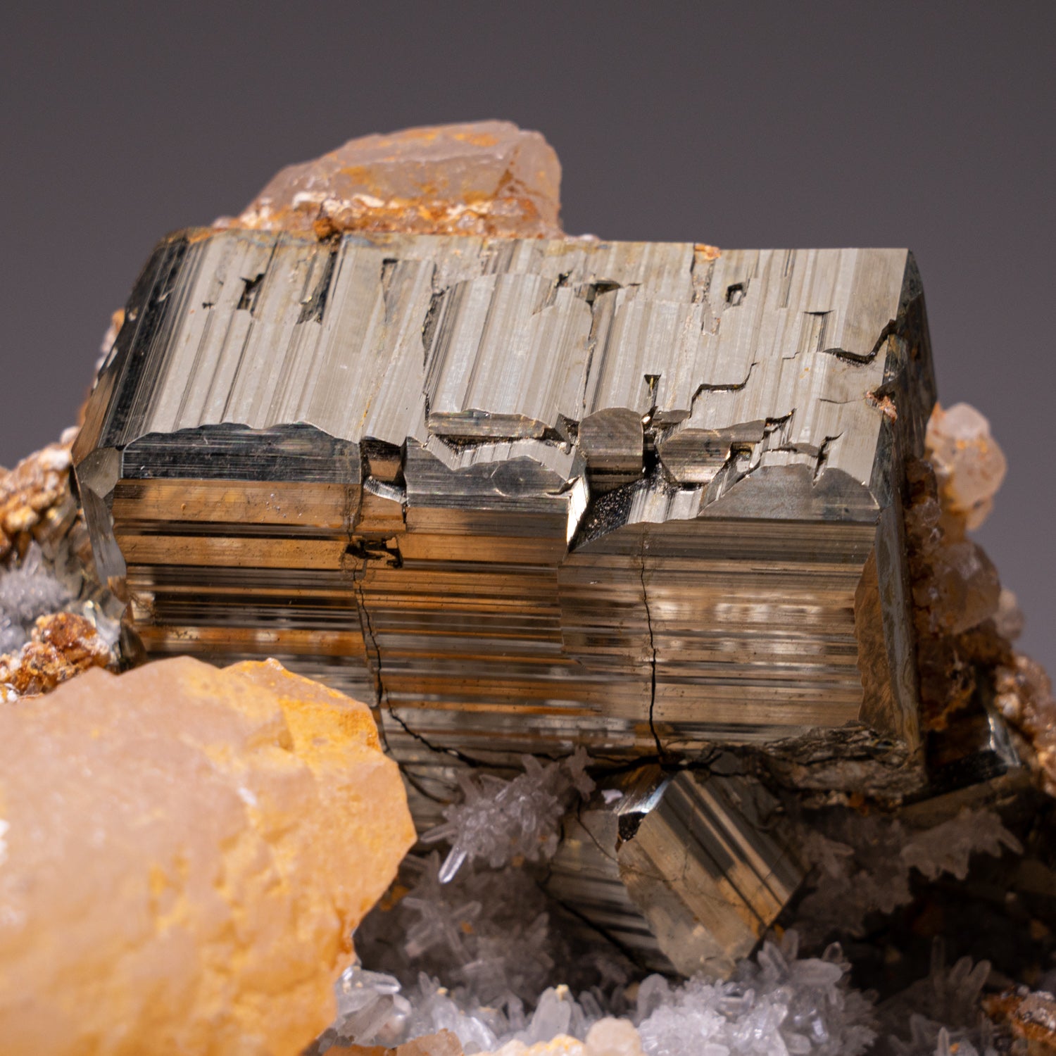 Calcite on Pyrite with Quartz from Huaron District, Cerro de Pasco Province, Pasco Department, Peru