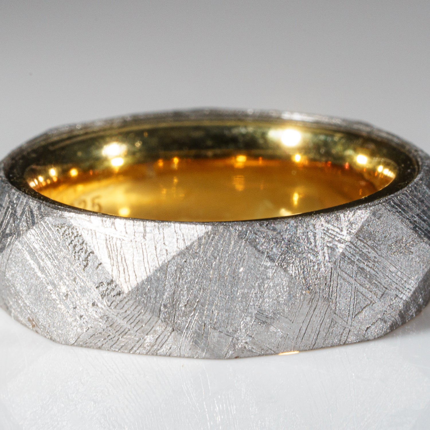 Genuine Natural Seymchan Meteorite Ring with Gold Inner Bezel (Size 5)