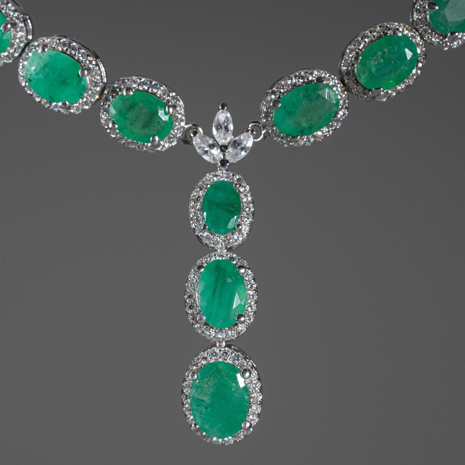 Emerald 8x6mm with Cz 14k White Gold Plated Sterling Silver 18 inch Necklace