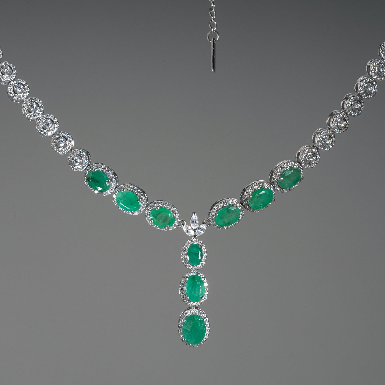 Emerald 8x6mm with Cz 14k White Gold Plated Sterling Silver 18 inch Necklace