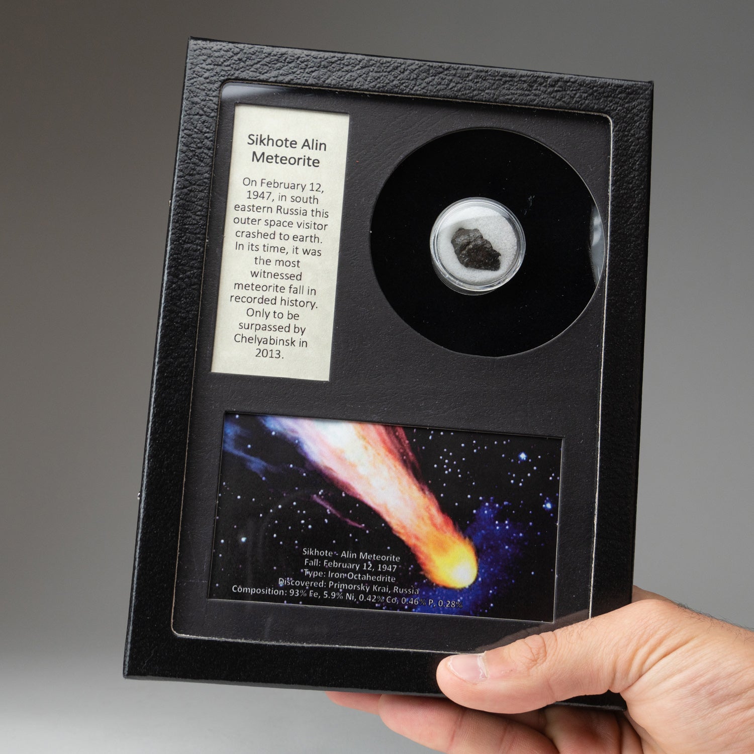 Genuine Sikhote-Alin Meteorite from Russia in Glass Display Box