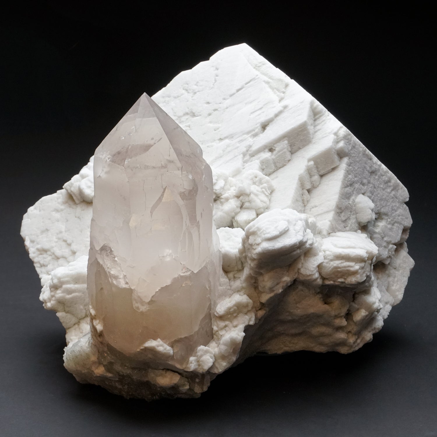 Quartz Point on white Feldspar Crystal Matrix from Himalaya Mountains, India