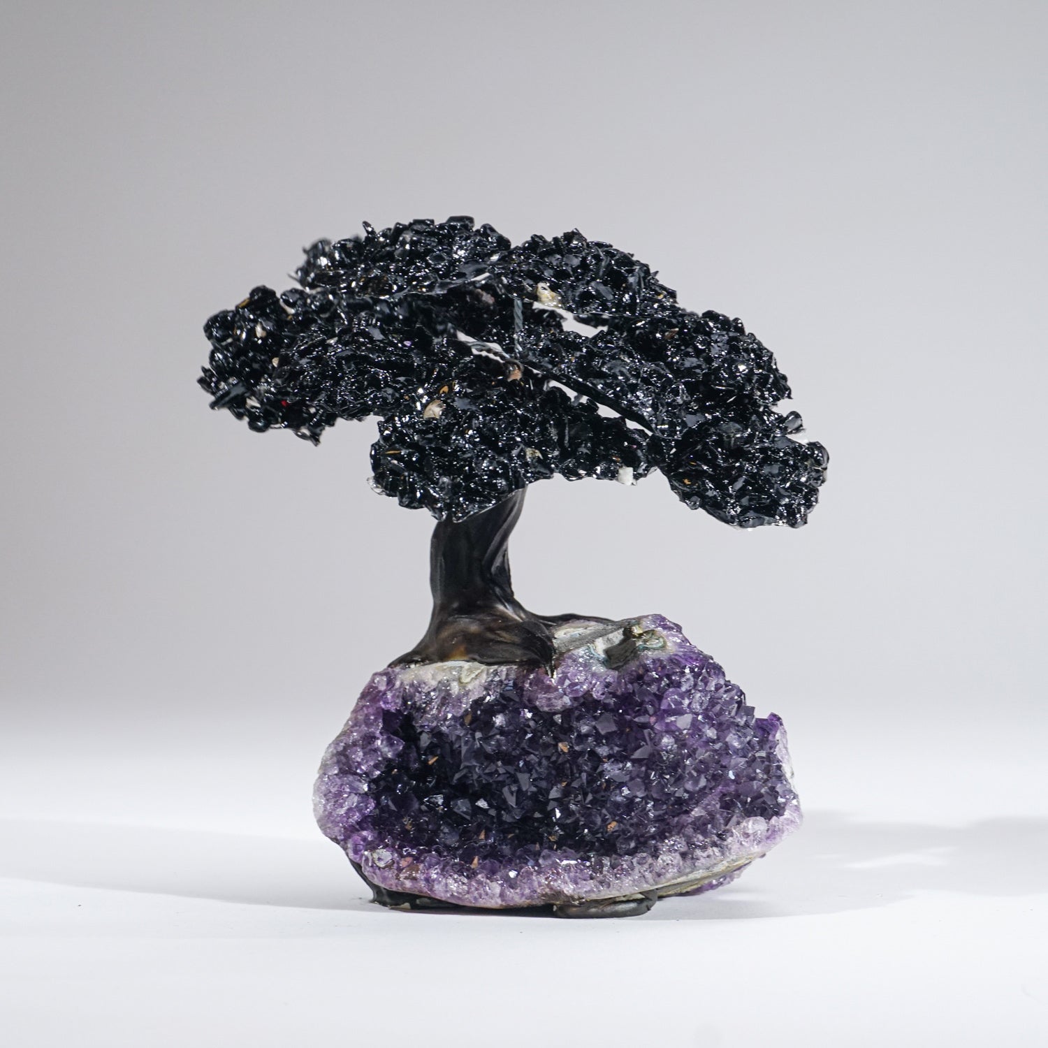 Large Black Tourmaline Clustered Gemstone Tree on Amethyst Matrix (The Cleansing Tree)