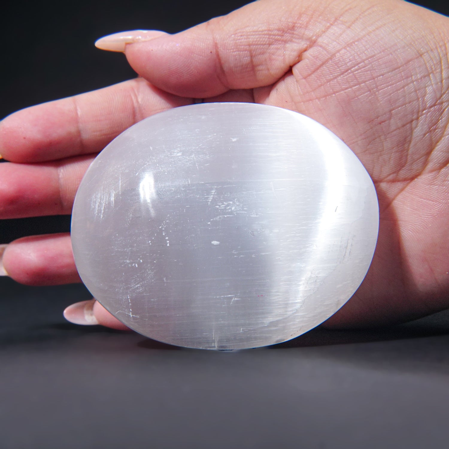 Genuine Cats Eye Selenite Palm Stone from Morocco (Large)