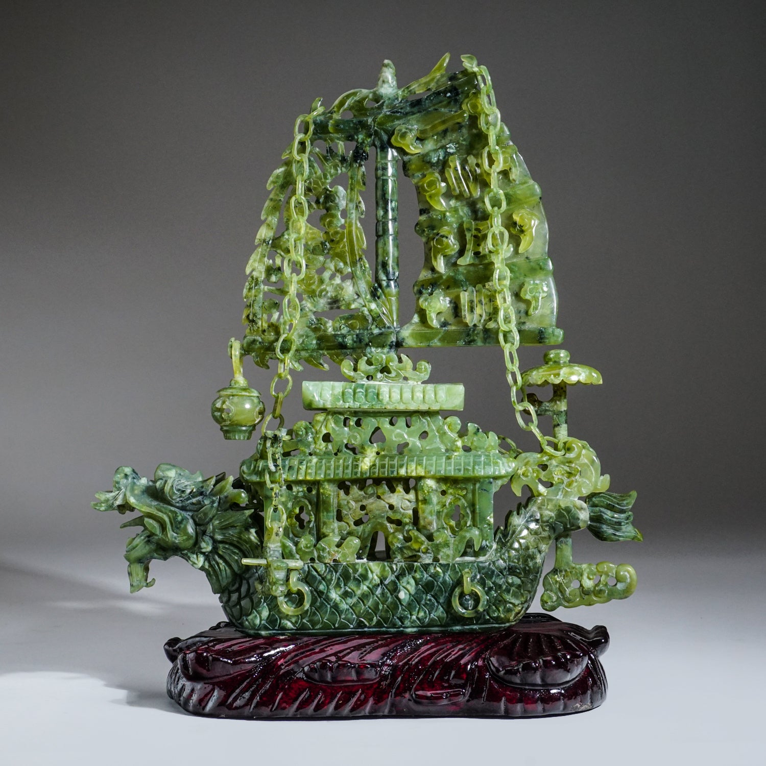 Genuine Polished Hand Carved Jade Ship on Wooden Display Stand
